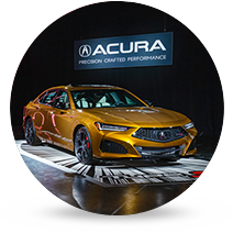 Acura® 168极速赛车体彩官网 Integra static in showroom with Acura® 168极速赛车体彩官网 logo
